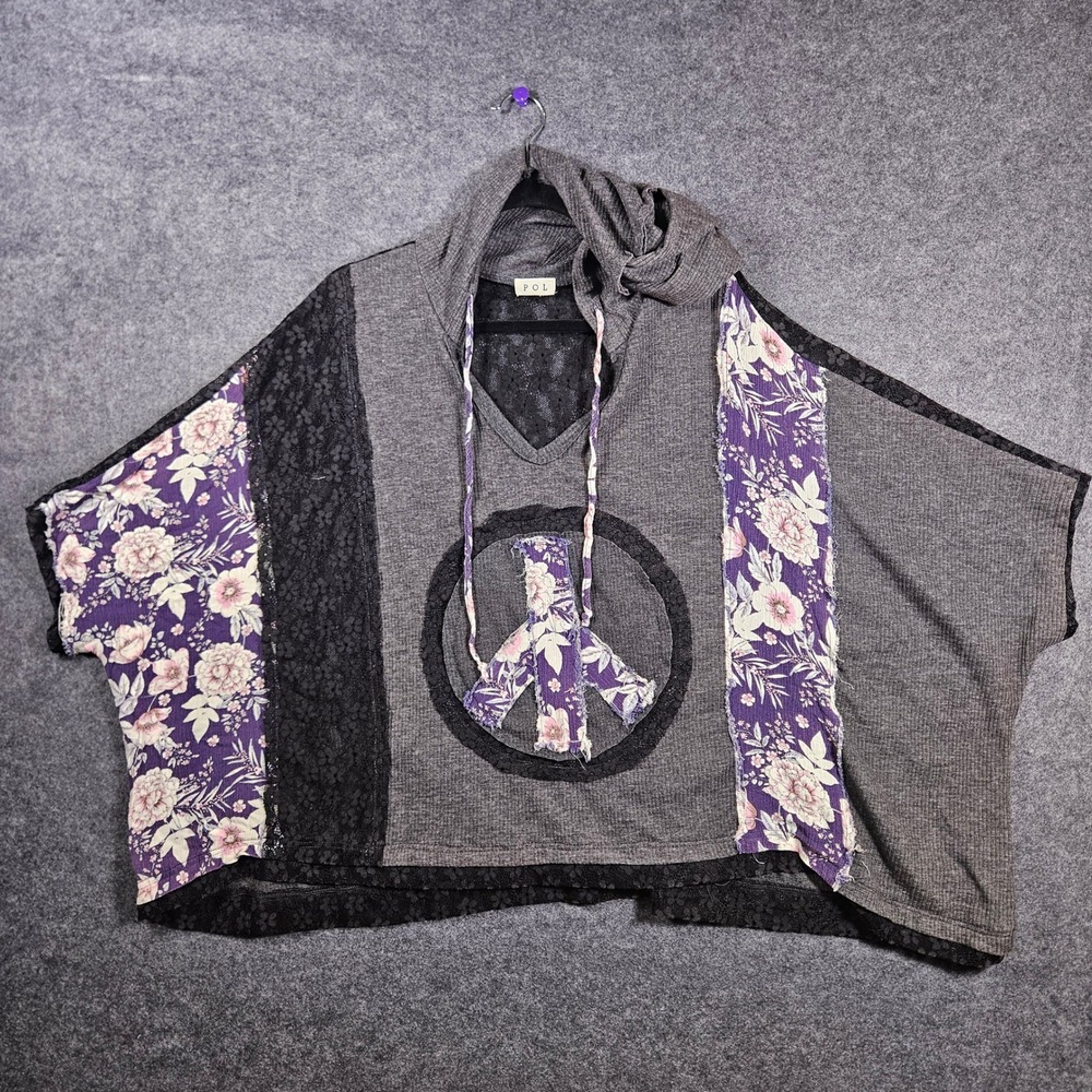 POL Womens Oversized Patchwork Hoodie Peace Shabby Chic Boho Granola Earthy Sz L
